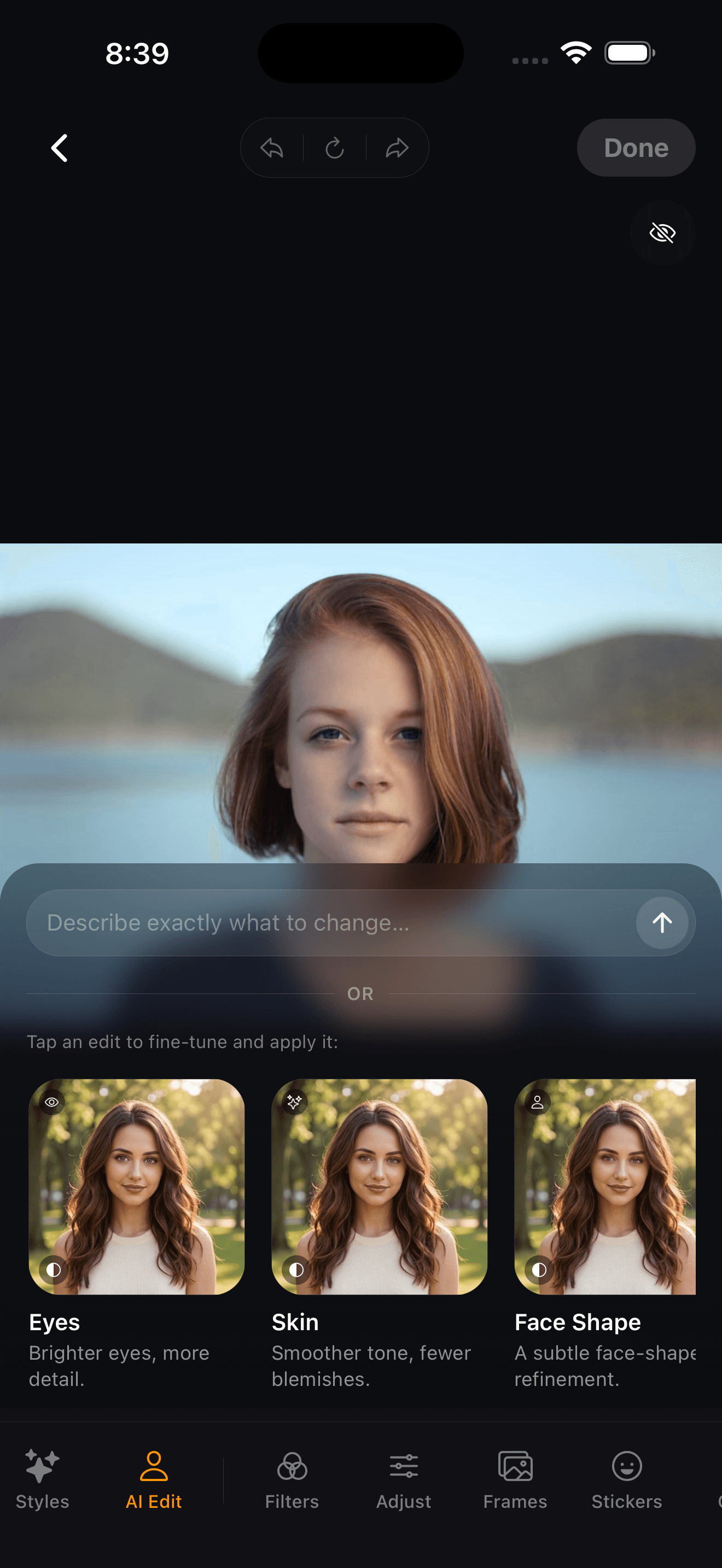 RetroSelfie AI edit tools on iPhone for eyes, skin, and face shape picked for your photo