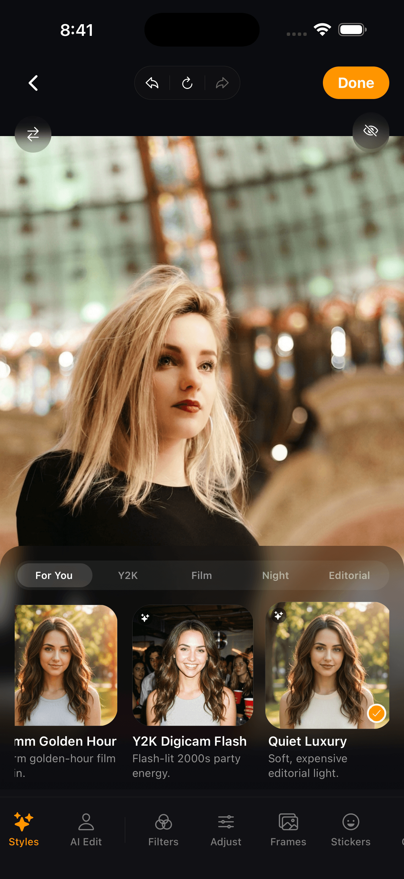 RetroSelfie style picker on iPhone showing Quiet Luxury, Y2K, and film looks